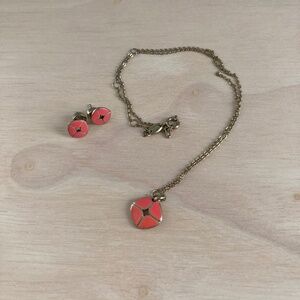 Fossil Jewelry Gold 17" Necklace Coral Pendant and Earrings Vintage Retro